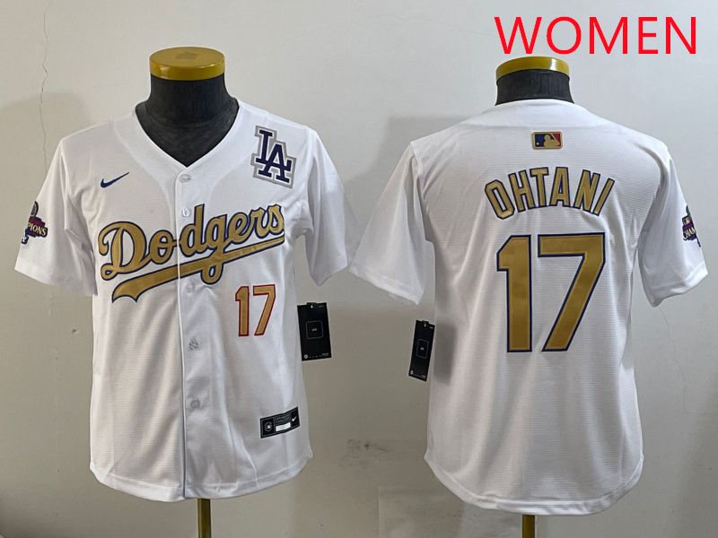 Women Los Angeles Dodgers #17 Ohtani White Champion gold character 2025 Nike MLB Jersey style 11->women mlb jersey->Women Jersey